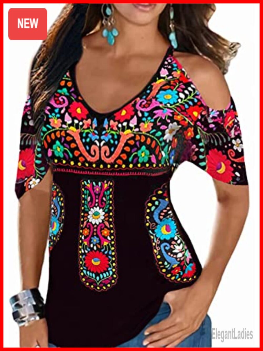 Melliflo Cold Shoulder Embroidered Peasant Blouse Short Sleeve Summer Top